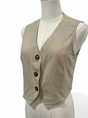 NWT Khaki Linen Style V-neck Button Down Vest 100% Cotton Woman Size Small